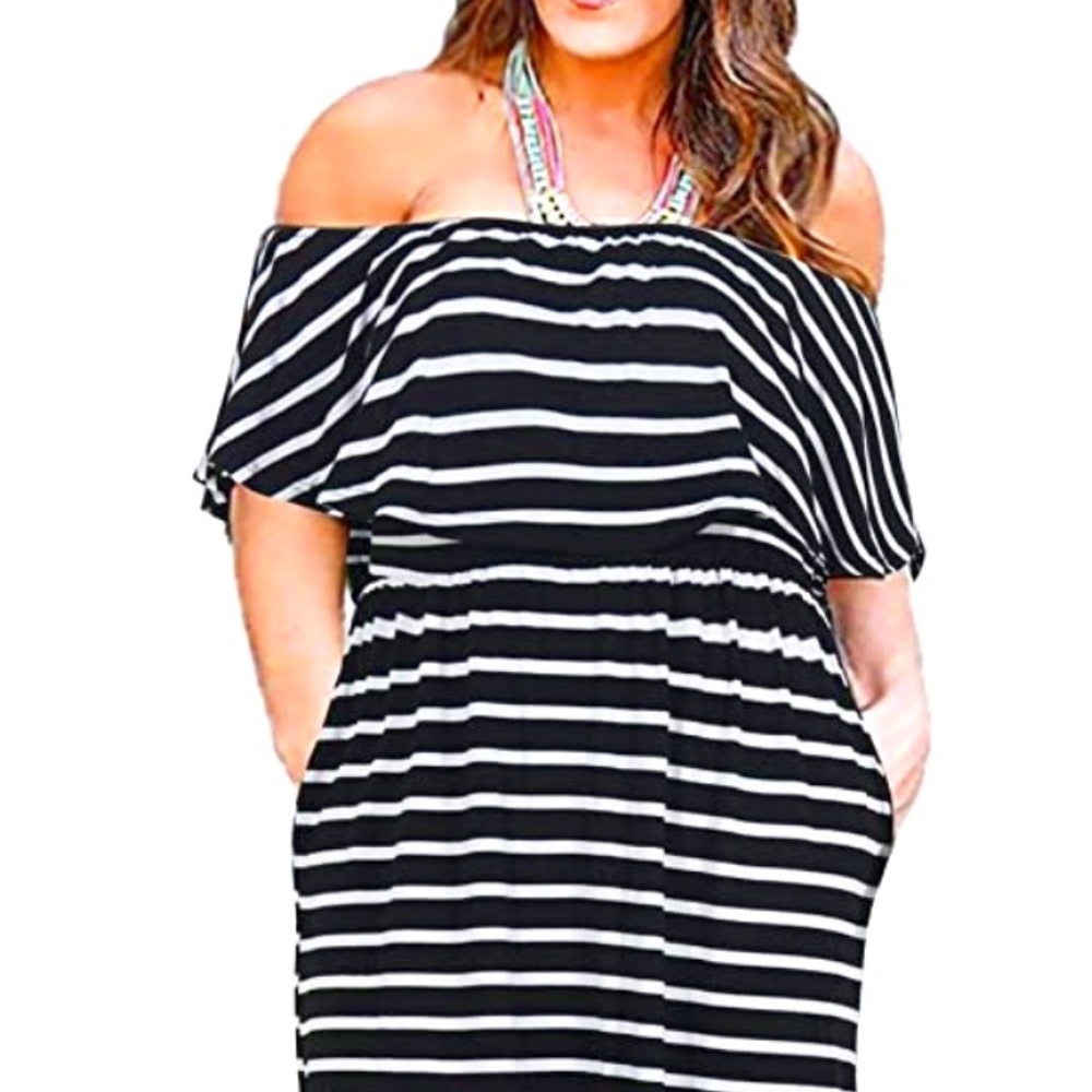 Women's Off the Shoulder Plus Size Maxi Dress with Slit and Pockets